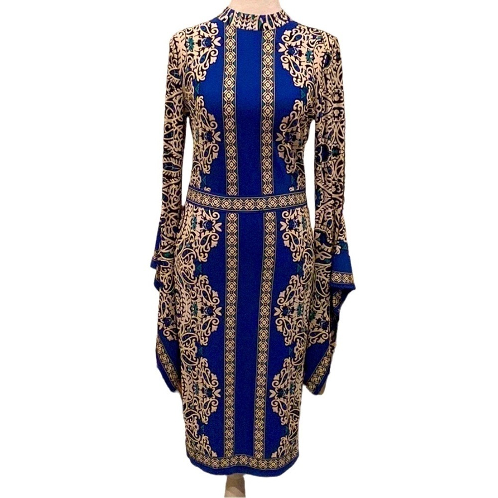 Venus Blue Print Long sleeve with flare sleeve detail Stretch Midi Dress size S